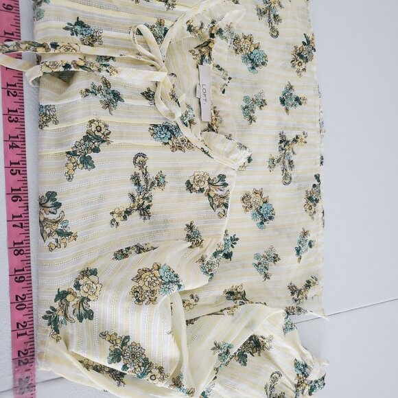 LOFT Womens Floral Blouse Size M Yellow Green Pintucked Tie Neck Cottage Core - Picture 6 of 9